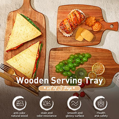 Kathfly 3 Pcs Acacia Wood Cutting Board with Handle Wooden Laser Kitchen Serving Charcuterie Board for Vegetables Meat Pizza Cheese Fruit Bread(17 x 7 Inch) - size: 17 x 7 Inch