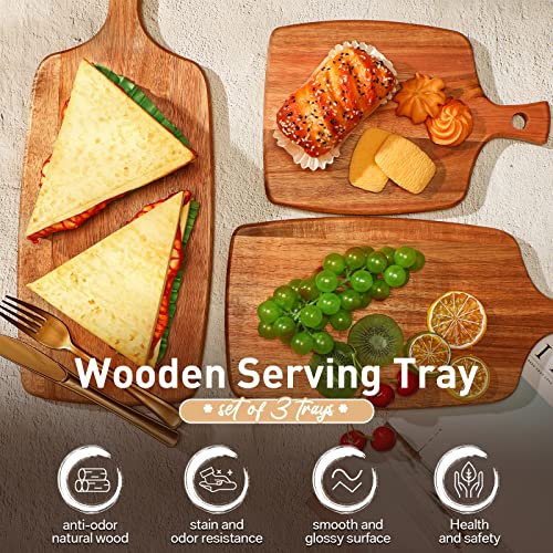 Kathfly 3 Pcs Acacia Wood Cutting Board with Handle Wooden Laser Kitchen Serving Charcuterie Board for Vegetables Meat Pizza Cheese Fruit Bread(17x7, 14x7, 10x7 Inch) - size: 17x7, 14x7, 10x7 Inch