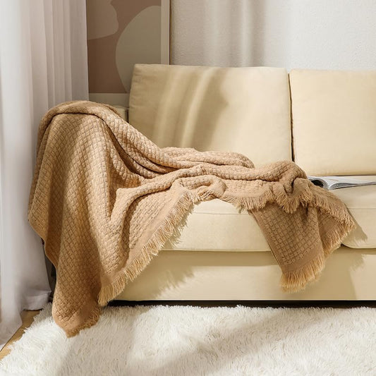 Knit Decorative Throw Blanket Boho Waffle Soft Throw Blanket for Bed Couch Sofa (Camel, 60" x 80") - color: Camel, size: 60" x 80"