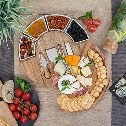 ChefSofi Charcuterie Board Set and Cheese Serving Platter - Made from Acacia Wood - US Patented 13 inch Cheese Board and Knife Set for Entertaining and Serving - 4 Knives and 4 Bowls - size: 13 inch