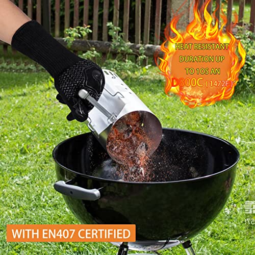BBQ Gloves 1472F Heat Resistant Non-Slip Silicone 13.5in (Black) | Grill Cut-Resistant, Oven Kitchen Safe for Barbecue, Cooking, Frying - color: Black