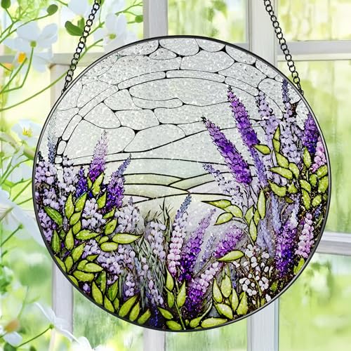 Lavender Flower Stained Glass Suncatcher, Stained Glass Window Hanging, 8 Inch Green Plants Suncatcher Decor for Birthday for Women, Wife, Lovers, Mom, Grandma, Gift Idea - color: Lavender