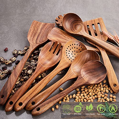 Wooden Kitchen Utensils Set,GUDAMAYE 9 PCE Natural Teak Wooden Spoons For Non-stick Pan for Cooking, - size: 9 PCS