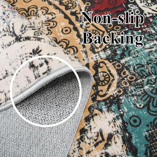 Modern Abstract 4x8 Runner Rug: Washable Low Pile Soft Area Rugs Entryway | Non-Slip Stain Resistant Mandala Stamped Ease of Vacuuming Floor Mat Bedroom Kitchen Coverage Farmhouse Apartment Red Green - color: Red/Green/Multi, size: 4' x 8' (Rectangular)