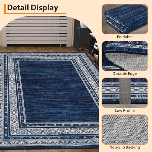 Modern Solid Area Rug 5x7 Washable Non Slip Neutral Rugs for Living Room, Non-Shedding Stain Resistant Bordered Throw Carpet, Neutral Foldable Floor Rugs for Bedroom Dining Table, Blue | Non Slip Neutral Border Non Shedding Stain Resistant Low Pile Foldab