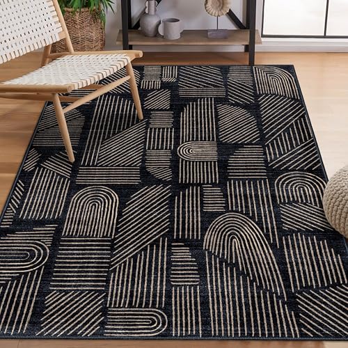 3x5 Rug Washable Area Rugs Low Pile Low Pile Mid Century Modern | Small Throw Carpet for Bedroom Entryway Living Room Office Bedside Entry Non Slip Indoor Boho Abstract Black and Gold - color: Black and Brown, size: 3' x 5' (Rectangular)