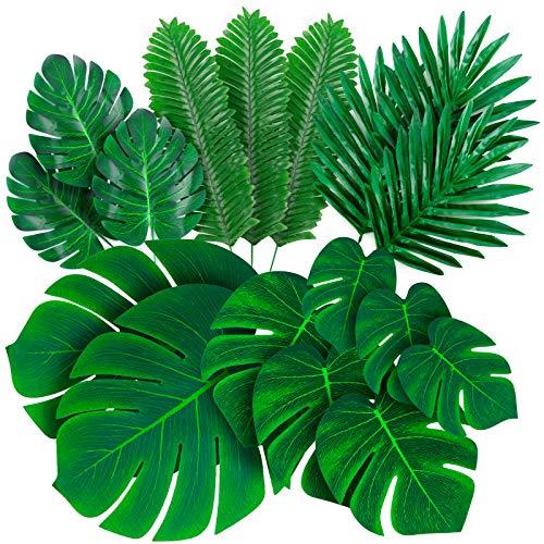 Palm Leaves Artificial Tropical Monstera-84Pcs 6 Kinds Large Small Green Fake Palm Leaf with Stems for Safari Jungle Hawaiian Luau Party Table Decoration Wedding Birthday Theme Party - style: 84 Pack