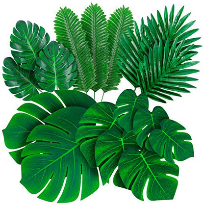 Palm Leaves Artificial Tropical Monstera-84Pcs 6 Kinds Large Small Green Fake Palm Leaf with Stems for Safari Jungle Hawaiian Luau Party Table Decoration Wedding Birthday Theme Party - style: 84 Pack