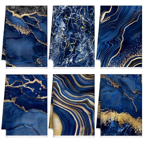 Boyiee 6 Pcs Marble Hand Towels Blue and Gold Kitchen Towels Dish Cloths | Navy Blue Kitchen Decor Absorbent Soft Decorative Tea Towel Set Ocean Modern Gift for Holiday Farmhouse Bathroom Accessories - color: Blue and Gold Marble