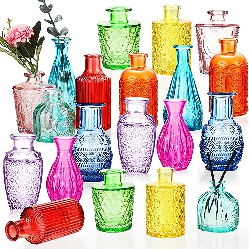 Inbagi 20 Pcs Glass Bud Vase Set - Colored Flower Vases Bulk, Vintage Embossed Decorative Bottles for Wedding Valentine Home Table Centerpieces Decor - color: Many Colors