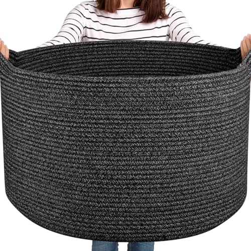 OIASKET Large Woven Baskets for Storage, 22.8" x 22.8" x 13" Blanket Storage Living Room, Baby Toy Basket for Clothes, Pillows, Towels, Shoe Basket for Entryway (Black) - color: Black, size: 90L