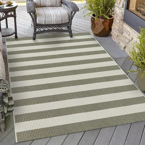 Striped Outdoor Area Rug 4'x6' Washable Patio Rugs Front Porch Rug | Cotton Woven Outdoor Rug Decor Living Room Rug Farmhouse Indoor Outdoor Rugs Large Floor Carpet for Backyard/Bedroom/Entryway - color: Green/Tan/White, size: 4' x 6' (Rectangular)