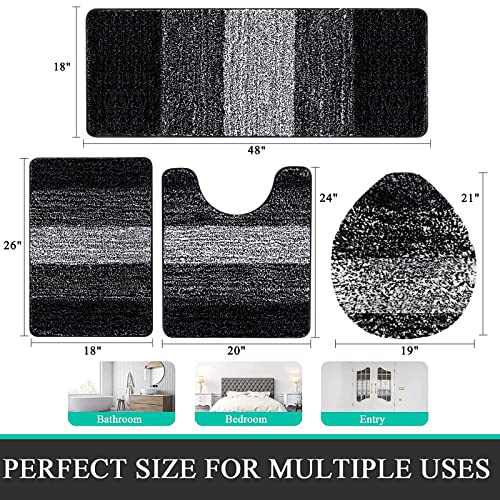 Bsmathom Bathroom Rug Set 4 Piece, Plush Microfiber Bath Mat, Black | Extra Water Absorbent, Non Slip Washable Runner Bath Rugs with Toilet Lid Cover and U-shaped Contour Toilet Mat - color: Black, size: 18"x26"+18"x48"+U20"x24"+Cover19"x21"