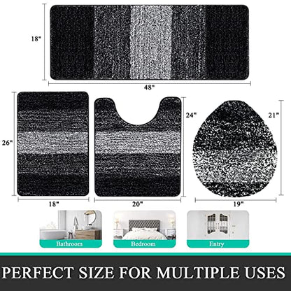 Bsmathom Bathroom Rug Set 4 Piece, Plush Microfiber Bath Mat, Black | Extra Water Absorbent, Non Slip Washable Runner Bath Rugs with Toilet Lid Cover and U-shaped Contour Toilet Mat - color: Black, size: 18"x26"+18"x48"+U20"x24"+Cover19"x21"