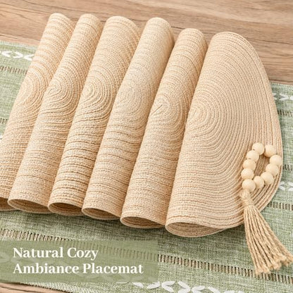 Boho Table Runner and Placemats Set of 6, Modern Farmhouse Dining Table Setting Decor with 1pcs Runner, 12pcs Mats, 6pcs Napkins, 6pcs Wood Bead Rings for Kitchen Party