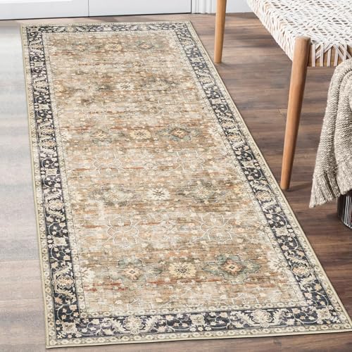 Machine Washable Area Rug Runner - Living Room Bedroom Bathroom Kitchen Entryway - Padded Low Pile Stain Resistant Premium - Boho Farmhouse Vintage - BEV - Beige Tan Brown 2'6" x 8' - color: Bev - Beige Tan Brown, size: 2'6" x 8' (Rectangular)