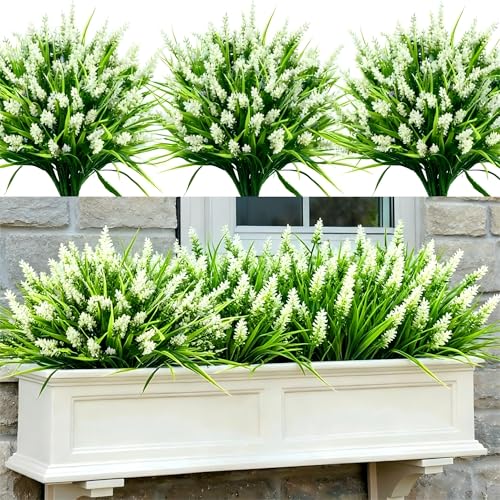 Geegoods 48 Bundles White Artificial Plants Flowers Outdoor, UV Resistant | Faux Lavender Flowers with Monkey Grass for Garden Porch Window Patio Hanging Planter Decor - color: White, size: 48PCS