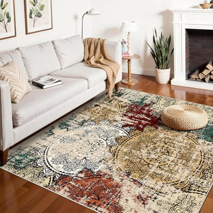 Washable 5x5 Square Area Rug: Red Soft Non-Slip Mandala Stamped Dining Room | Abstract Indoor Kitchen Entryway Thin Low Pile Stain Resistant Carpet Bedroom Accent Nursery Play Room Office 5ft Red Green - color: Red/Green/Multi, size: 5' x 5' (Square)