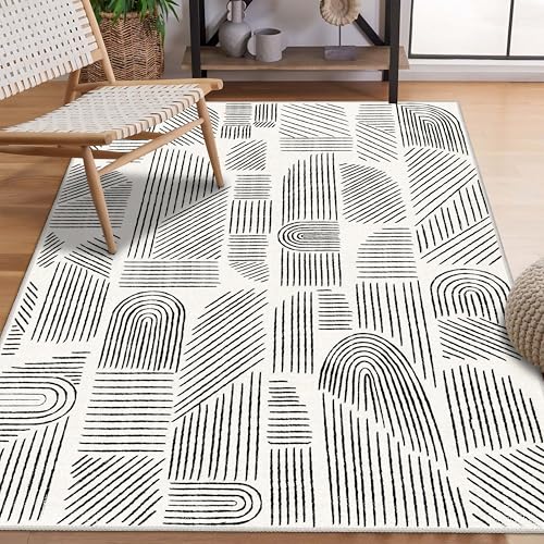 3x5 Rug Washable Area Rugs Low Pile Low Pile Mid Century Modern | Small Throw Carpet for Bedroom Entryway Living Room Office Bedside Entry Non Slip Indoor Boho Abstract White and Black - color: White and Black, size: 3' x 5' (Rectangular)
