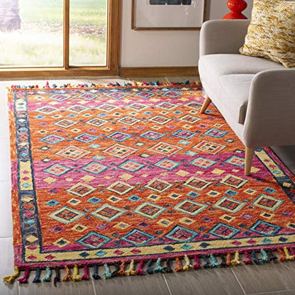 SAFAVIEH Aspen Collection Accent Rug - 4' x 6', Orange & Fuchsia, Handmade Boho Braided Tassel Wool, Ideal for High Traffic Areas in Entryway, Living Room, Bedroom (APN138A) - size: 4' x 6' (Rectangular)