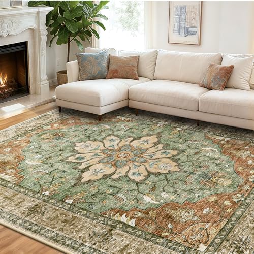 RELEANY Washable Vacuum-Friendly Area Rugs 8'x10' Brick/Brown/Green | Low Pile Stain-Resistant, Soft Non-Slip, Floral Vintage Distress Print Pattern Medallion, for Living Room Bedroom Hallway - color: Brick/Brown/Green, size: 8' x 10' (Rectangular)