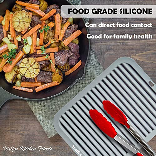 Walfos Silicone Trivets for Hot Pots and Pans - Heat Resistant Hot Pads for Kitchen Counter- 4 Pcs Multi-Purpose & Versatile Trivet Mat - Long-Lasting & Flexible Silicone Hot Pad（Gray） - style: 9x12in, 4 Gray Rectangle