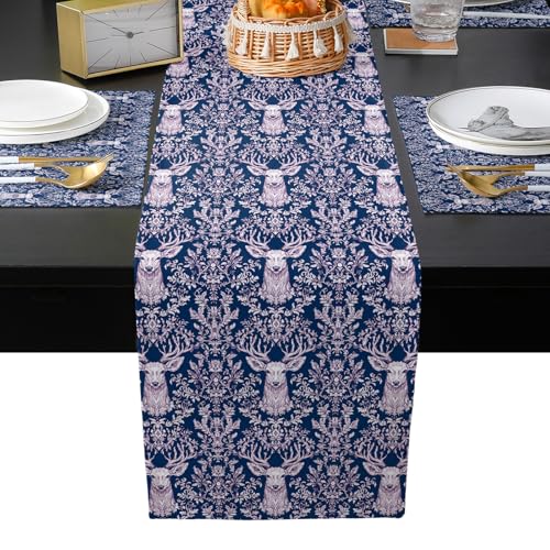 Table Runner and Placemats Set of 6 Branches Leaves Decorative Dining Table Runner with Matching Placemats Deer Head Table Decor for Kitchen Dining Room and Everyday Use 13x70in - size: 13"x70"+6pcs