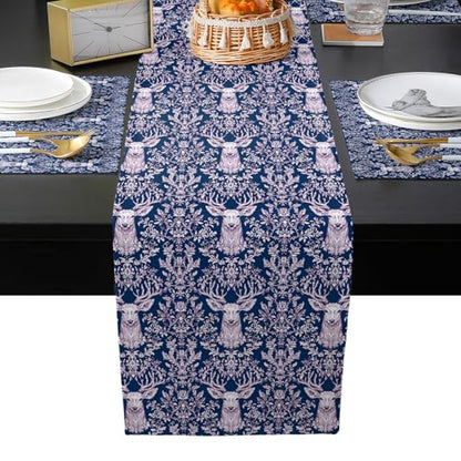 Table Runner and Placemats Set of 6 Branches Leaves Decorative Dining Table Runner with Matching Placemats Deer Head Table Decor for Kitchen Dining Room and Everyday Use 13x70in - size: 13"x70"+6pcs