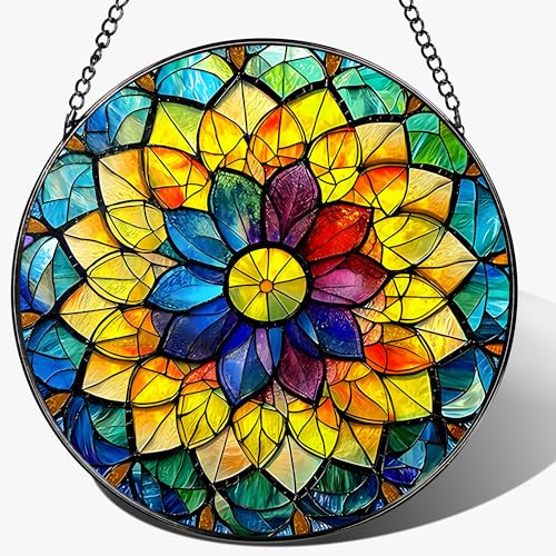 8'' Rainbow Mandala Sun Catcher Ornament, Stained Glass Window Hanging, Sun Catchers for Windows Hanging Ornaments, Window Decor, Ideal Gift | Colorful Spiritual Gifts for Her - color: Rainbow Mandala