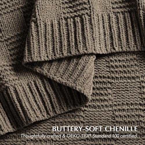 EVERGRACEHOME Modern Checkered Chenille Throw Blanket, 60x80, Mocha Brown | Lightweight Warmth, All-Season Breathability, OEKO-TEX certified, Timeless Grid Pattern, Farmhouse Throw for Couch, Bed, Sofa - color: Mocha Brown, size: 60" X 80"