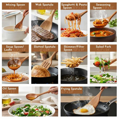 DADU BADU Teak Wooden Utensil Set of 10 – Non-Toxic Cooking Spoons & Spatulas for Nonstick Pans – Includes Pasta Spoon, Ladle, Skimmer – Premium Wood Kitchen Gift Set with Holder | Non-Toxic Cooking Spoons & Spatulas, for Nonstick Pans, Includes Pasta Spo