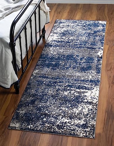 Keen Home Design Abstract Non-Shedding Runner Rug, Soft Thick Pile, 2x10 | Polypropylene High Pile, Jute Back; Ideal For Hallway, Bedside, Landing, Home Office - color: Abstract Navy/Gray, size: 2'8" x 9'11" (Runner)