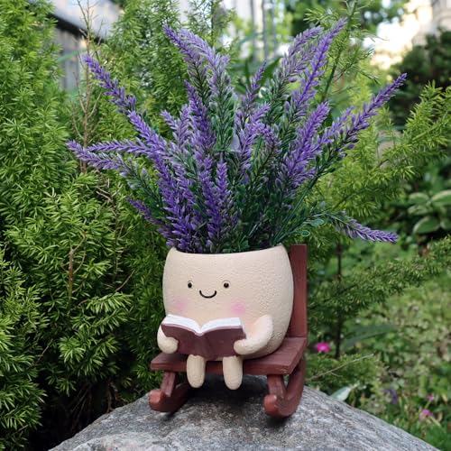 Dolkgy Cute Face Planters Succulent Pots, Funny Rocking Chair Reading Head Flower Planter Cactus Pot with Drainage Hole for Indoor Outdoor Plants, Unique Plant Lover Gifts - color: Khaki Chair Planter