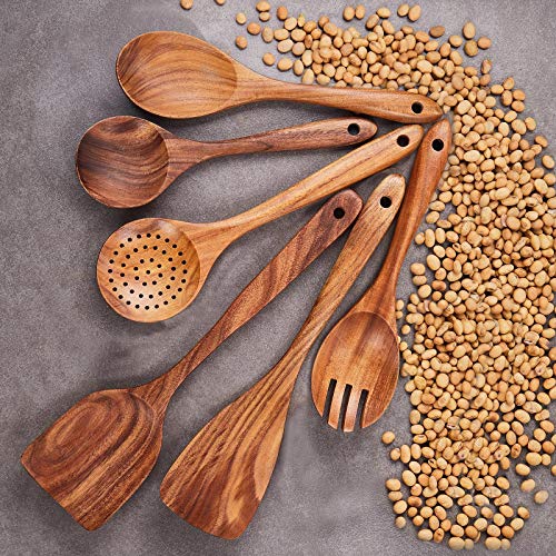 Wooden Kitchen Utensils Set,GUDAMAYE 6 PCE Wooden Spoons for Cooking,Wooden Cooking Utensils,Natural Teak Wooden Spoons For Non-stick Pan - size: 6 PCS