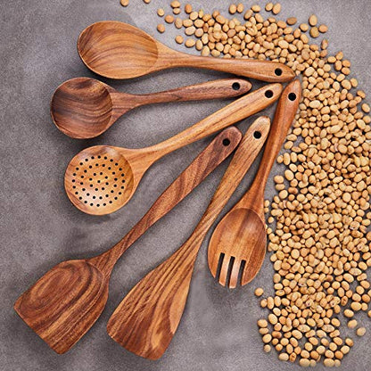 Wooden Kitchen Utensils Set,GUDAMAYE 6 PCE Wooden Spoons for Cooking,Wooden Cooking Utensils,Natural Teak Wooden Spoons For Non-stick Pan - size: 6 PCS