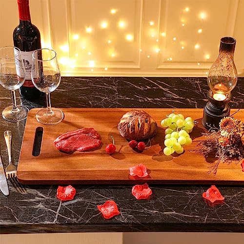 2 Pcs Acacia Wooden Charcuterie Boards Acacia Serving Board with Handle Rectangular Hollow Handle Wood Tray Wooden Serving Platter Wood Server for Cheese Food (36 x 12 Inch ) - size: 36 x 12 Inch