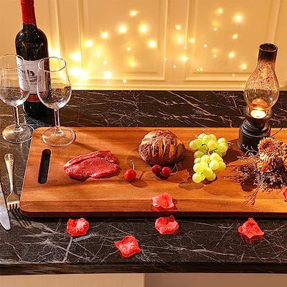 2 Pcs Acacia Wooden Charcuterie Boards Acacia Serving Board with Handle Rectangular Hollow Handle Wood Tray Wooden Serving Platter Wood Server for Cheese Food (36 x 12 Inch ) - size: 36 x 12 Inch