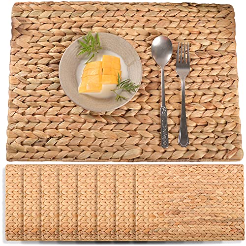 Water Hyacinth Rectangular Placemats Set of 8, Woven Rattan Placemats for Dining Table, Heat Resistant Wicker Table Mats 17x12 in, Boho Farmhouse Kitchen Decor, Natural Charger Plates for Dinner - color: Rectangle Placemat 17x12in-set 8