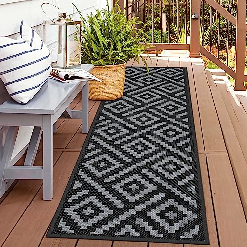 GENIMO Outdoor Rug, Waterproof Plastic Runner Rugs, 2.5'x8' Black Grey | Outside Modern Carpet Mat for Patio Decor, Porch, Deck, Balcony, Camping, RV, Picnic, Beach, Reversible, Foldable - color: Black & Grey, size: 2'6" x 8' (Rectangular)