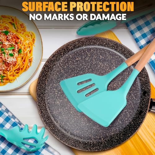 Teal Kitchen Utensils Set with Holder, 12 Pcs, Wooden Handle | BBQ Cooking Utensils that Bake, Serve, Mix & Flip; Silicone Heads Stay Non-Scratch on Nonstick Pots & Pans; Housewarming Gift - color: Teal