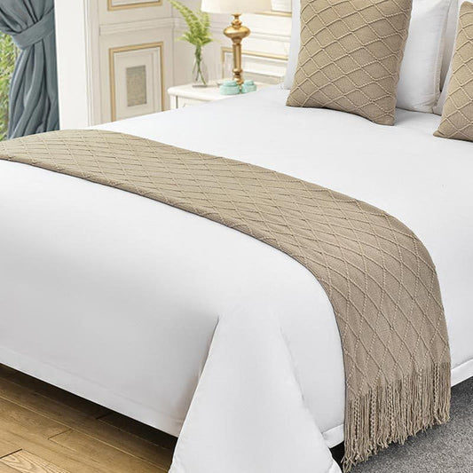 Cotton Knit Bed Runners King Size,Decorative Boho Bed Scarf with Tassel,Soft Solid Color Woven Beds Throw Blanket for Bedroom Home Hotel (Khaki Diamond 45x45cm/only Pillowcase) - color: Khaki Diamond, size: 45x45cm/only pillowcase