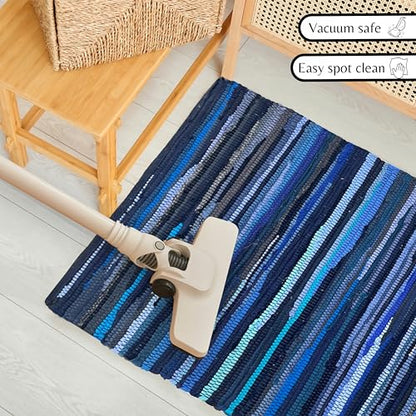 Chindi Kitchen Rug 2x3 Feet - Navy | Cotton Hand Woven Throw Rugs for Bathroom, Easy Clean Accent Camping Carpet - color: Navy, size: 2 x 3 feet