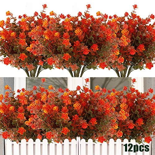 RECUTMS Artificial Fall Mums Outdoor Flower UV Resistant Fake Plastic Plant | 12Pc,No Fade Faux Fall Flowers Fillers for Hanging Planter Porch Patio Window Box Wedding Thanksgiving Halloween Autumn Decor - color: Green Orange, size: 12 Pcs