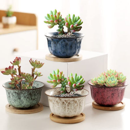 Ceramic Plants Pots 3 Inch Set of 4 Flower Pots with Drainage and Bamboo Tray for Indoor/Outdoor Small House Plants,Foliage Plant - style: Set 3