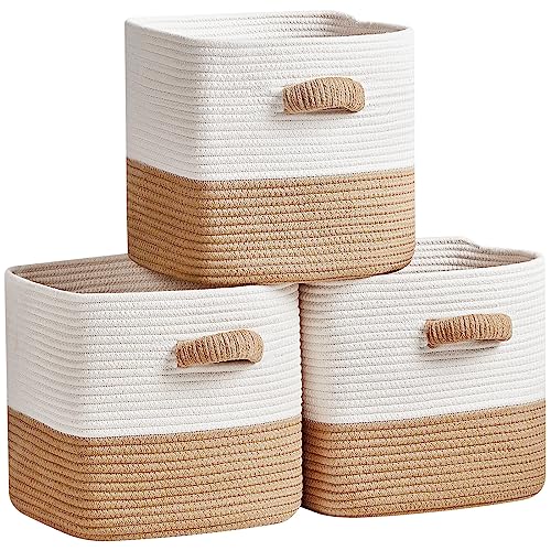 R RUNKA Storage Cube Baskets for Organizing -3 Pack -11 inch Square Baskets for Cube Storage, Closet Storage Bins-Woven Cube Storage Bins for Shelves- Ideal for Toy Storage |White & Khaki - color: White & Khaki