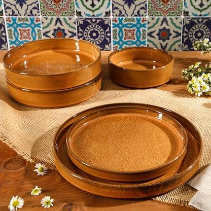 Two Time Oprah's Favorite Things Winner - Santorini Mist Double Bowl Terracotta Reactive Glaze Plates and Bowls Dinnerware Set - Amber, Service for Four (16pcs) - color: Amber