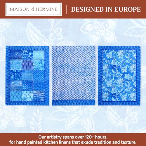 Maison d' Hermine Kitchen Towels Set of 3 Reusable 100% Cotton 27.50" x 20" | Cloth Tea Dish Towels Absorbent with Hanging Loop for Kitchen Dining Party Wedding Hotel Home Spring Summer - Indigo Love - color: 034 - Indigo Love