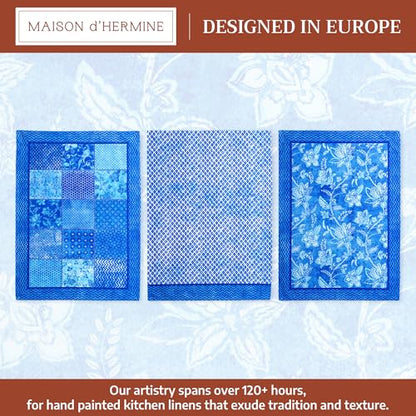 Maison d' Hermine Kitchen Towels Set of 3 Reusable 100% Cotton 27.50" x 20" | Cloth Tea Dish Towels Absorbent with Hanging Loop for Kitchen Dining Party Wedding Hotel Home Spring Summer - Indigo Love - color: 034 - Indigo Love