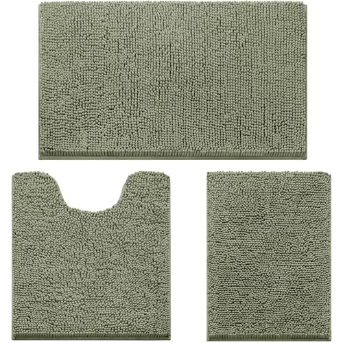 HOMEIDEAS 3 Pieces Bathroom Rugs, Ultra Soft Non Slip Absorbent Chenille Toilet Bath Mat Set (Sage Green) - color: Green-sage Green, size: 17"x24"+20"x32"+U Shape 20"x24"
