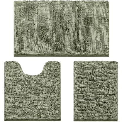 HOMEIDEAS 3 Pieces Bathroom Rugs, Ultra Soft Non Slip Absorbent Chenille Toilet Bath Mat Set (Sage Green) - color: Green-sage Green, size: 17"x24"+20"x32"+U Shape 20"x24"